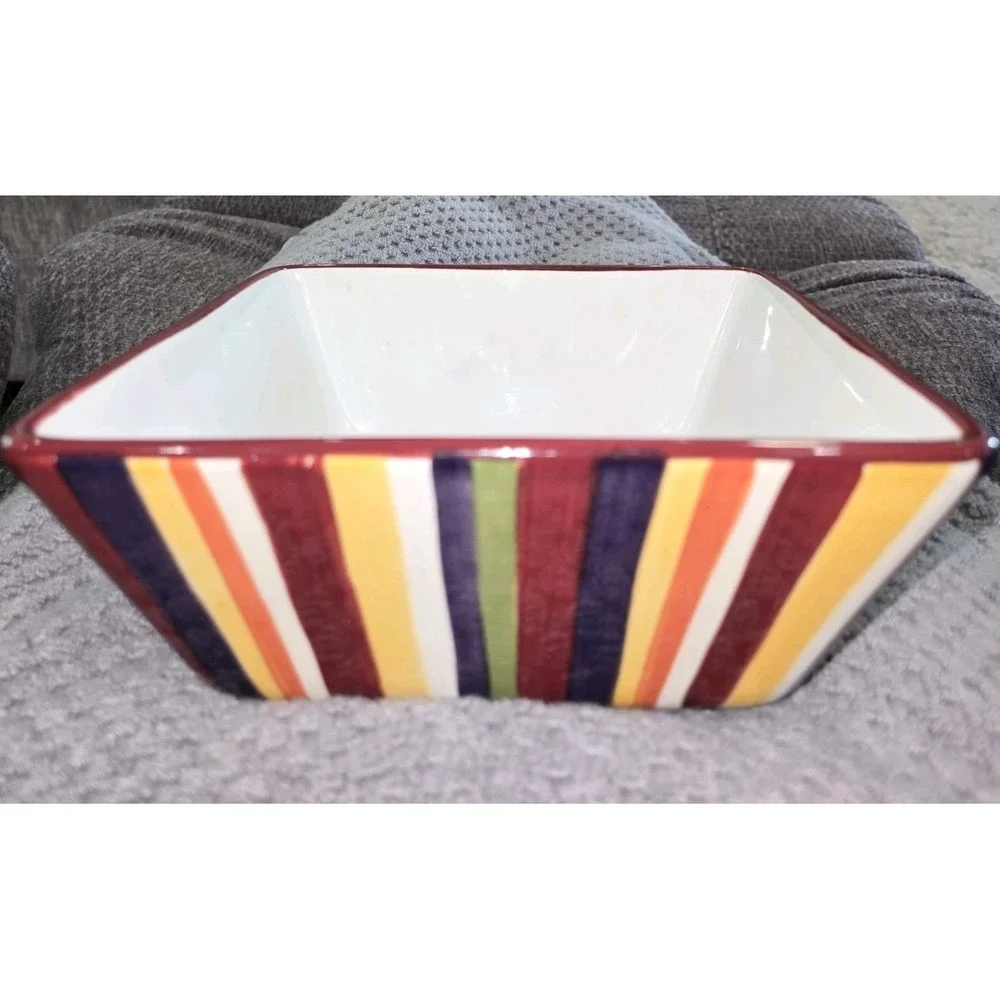 Pampered‎ Chef Simple Additions Square Striped Multicolor Ceramic Serving Bowl